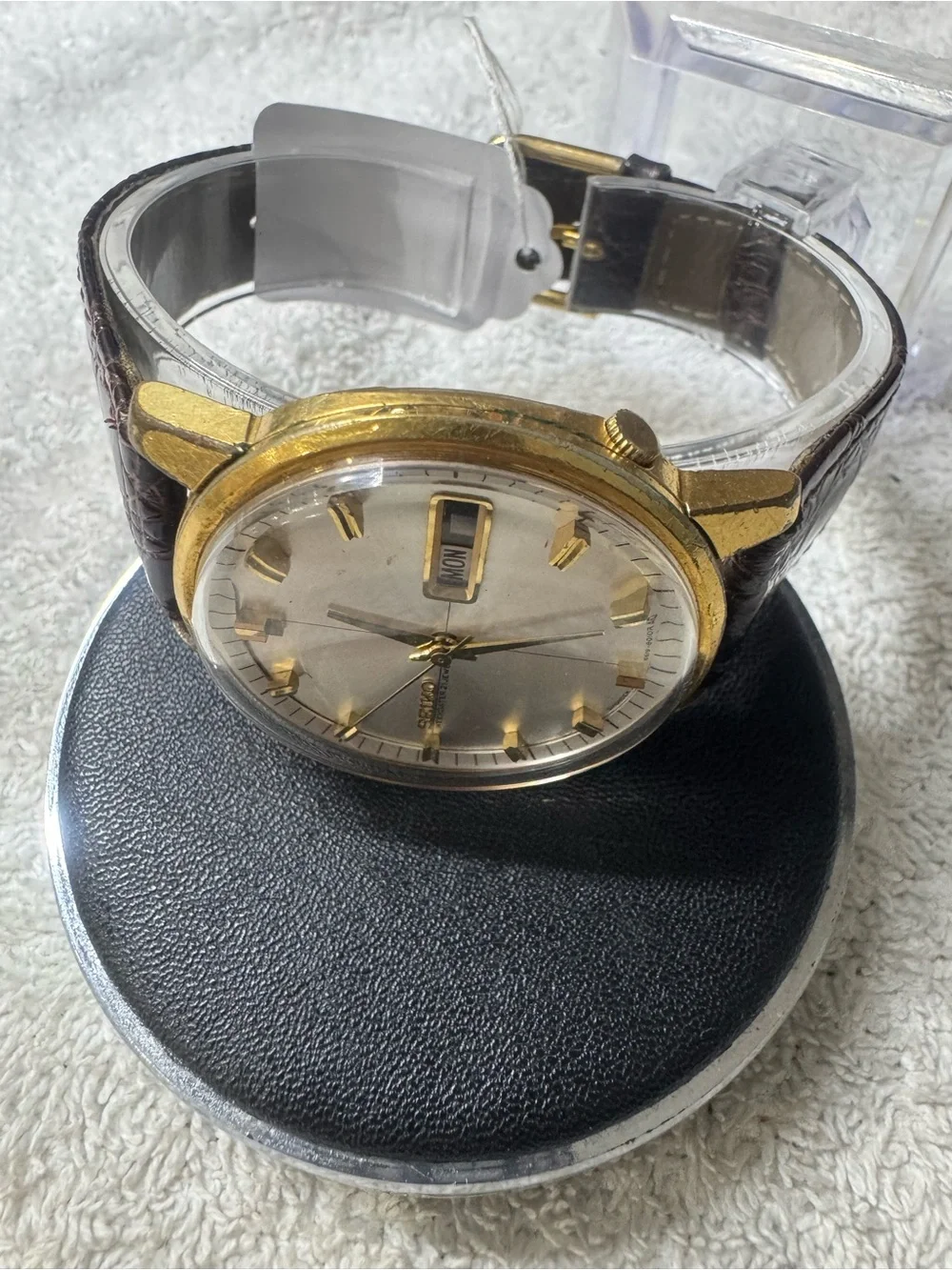Seiko Gold Tone Weekdater Wristwatch - Silver Dial, Brown Strap